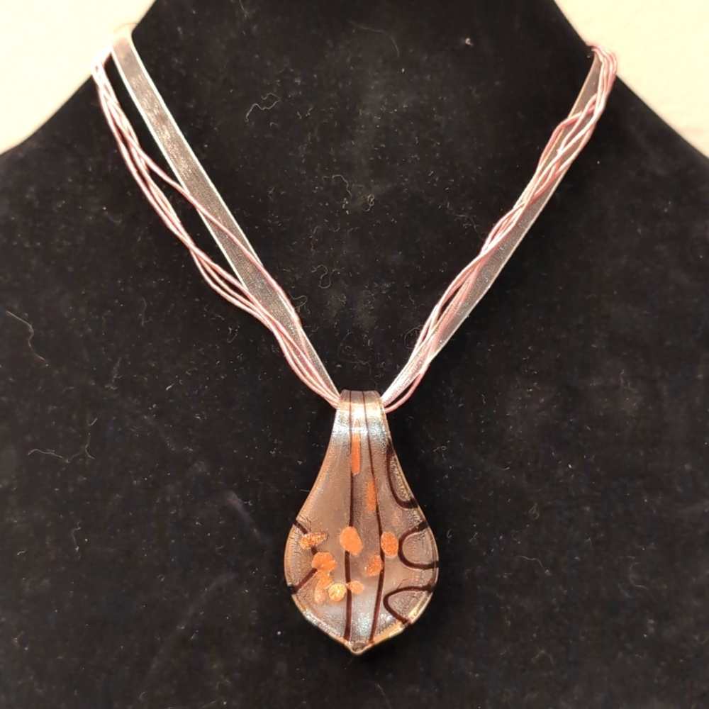 Pale Pink Murano Glass Tear Drop Pendant on Silk Cord Necklace